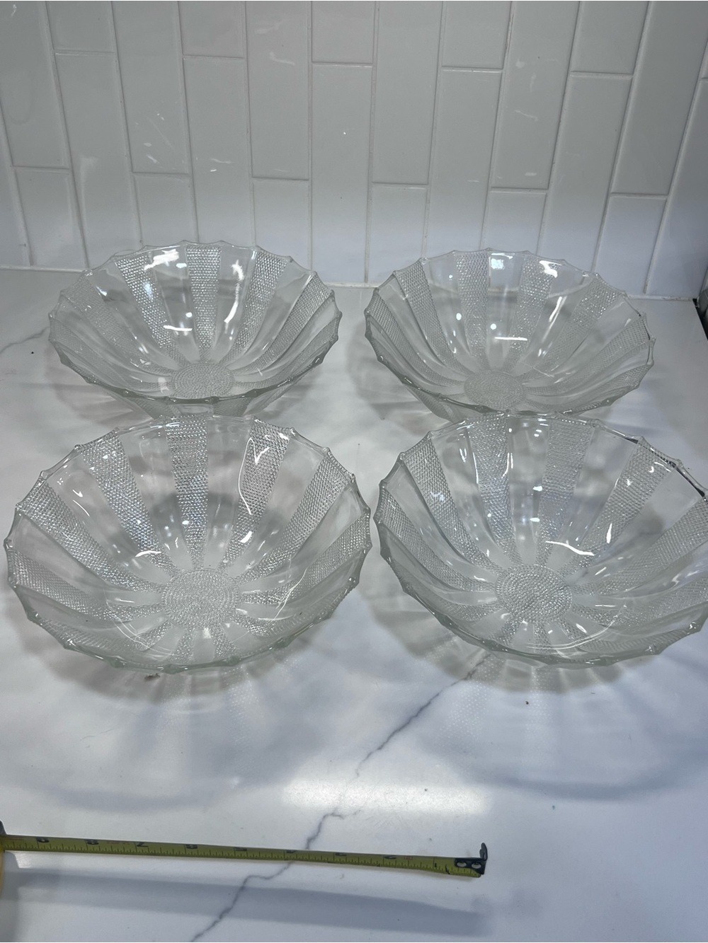 Jeanette Dewdrop 8.5” Fruit Serving Bowls Clear Glass Frosted Ribbon set of 4